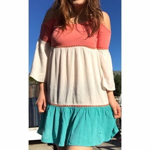 Tri-colored babydoll summer dress w/crochet detail